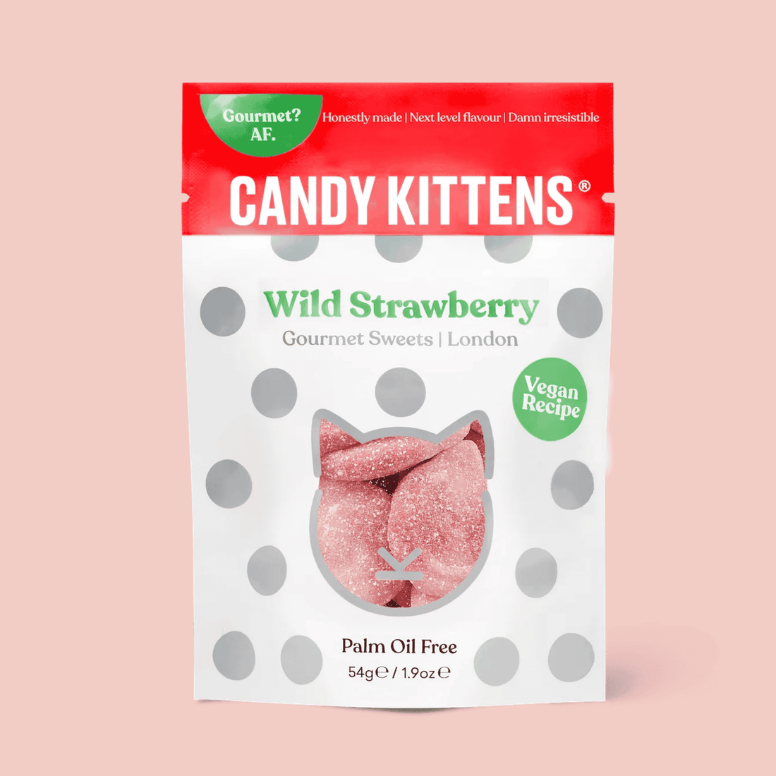Candy Kittens Wild Strawberry Sweets, gourmet plant-based candies, chewy texture, displayed with visible product labels emphasizing natural ingredients and London origin.