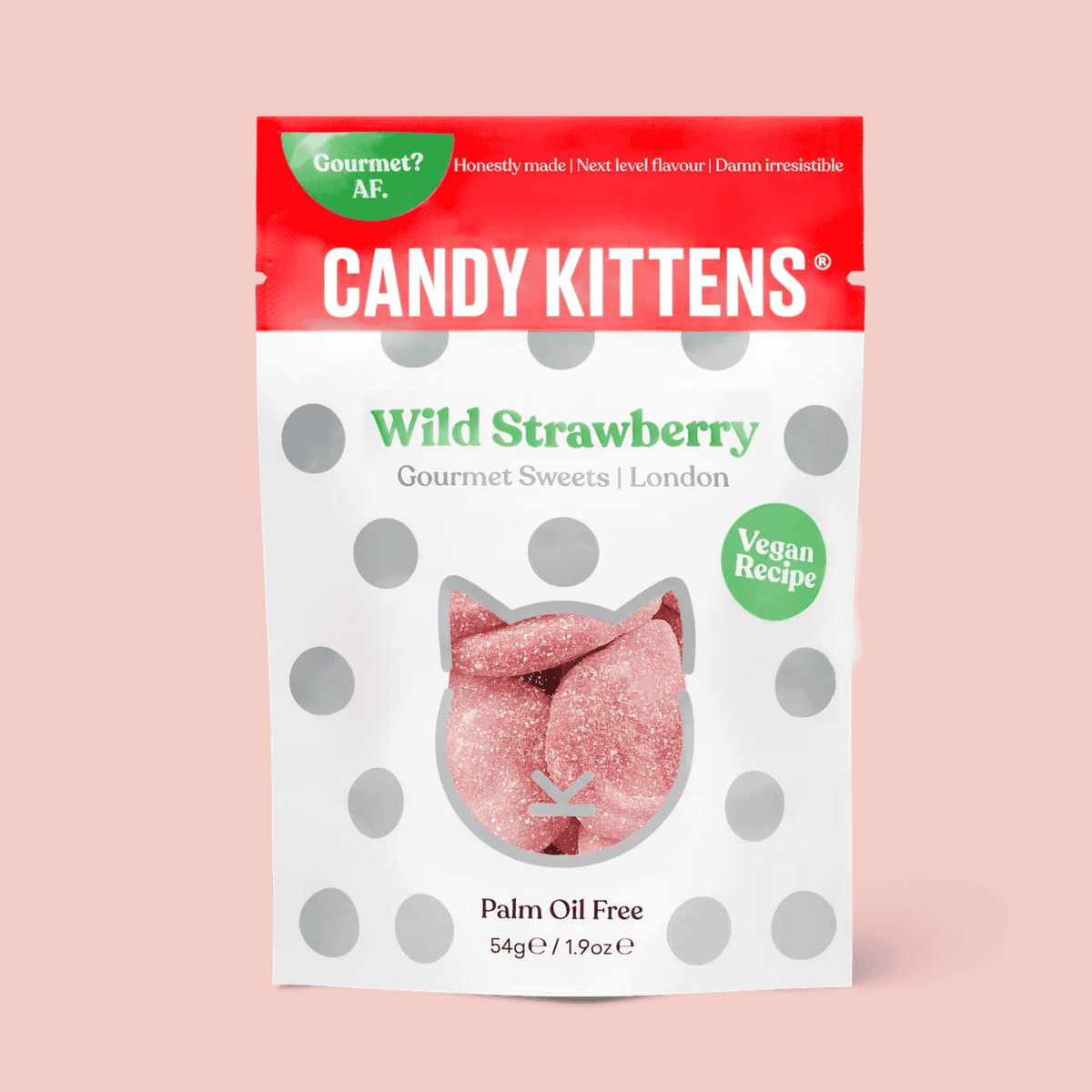 Candy Kittens Wild Strawberry Sweets, gourmet plant-based candies, chewy texture, displayed with visible product labels emphasizing natural ingredients and London origin.