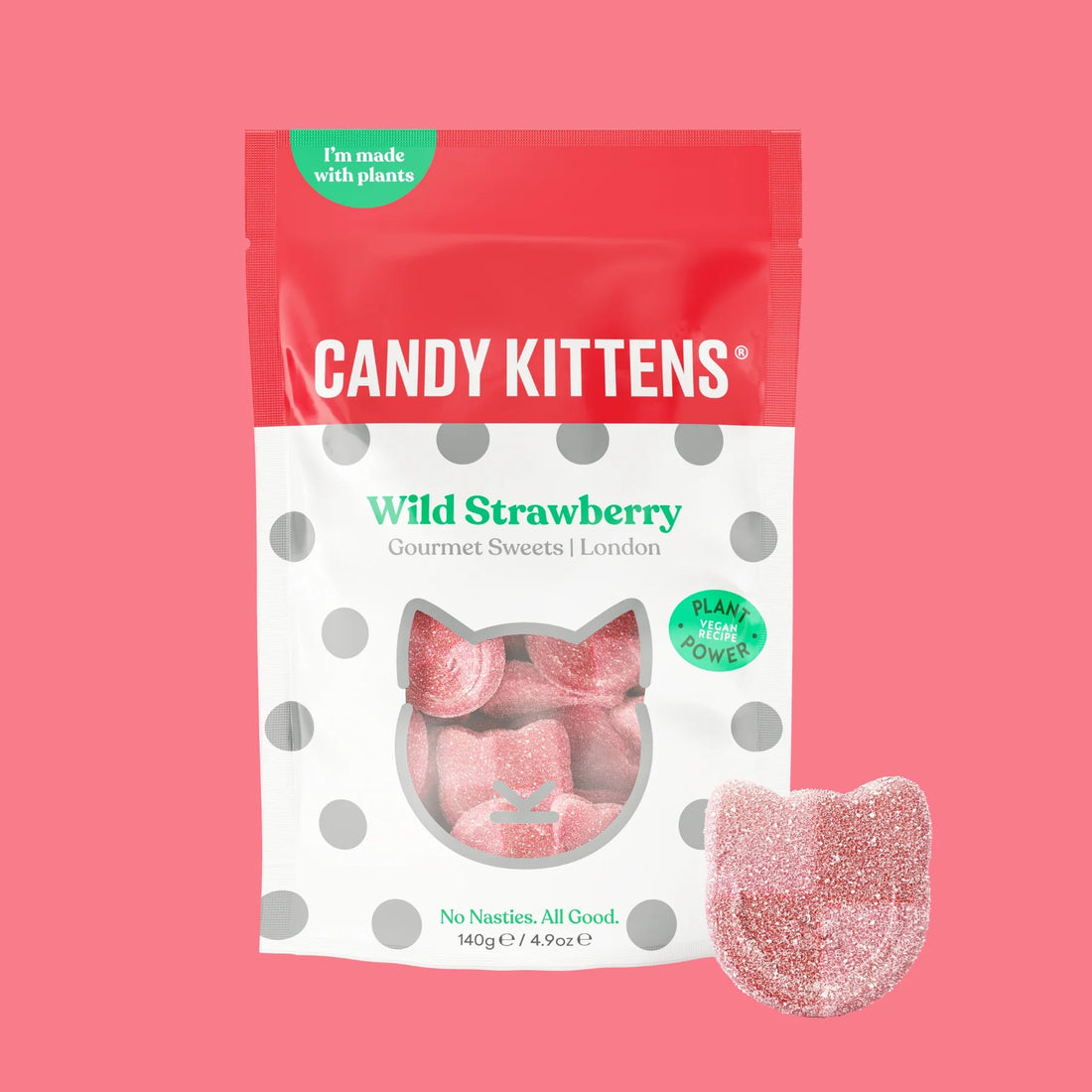 Candy Kittens Wild Strawberry Sweets, gourmet plant-based candies, chewy texture, displayed with visible product labels emphasizing natural ingredients and London origin.