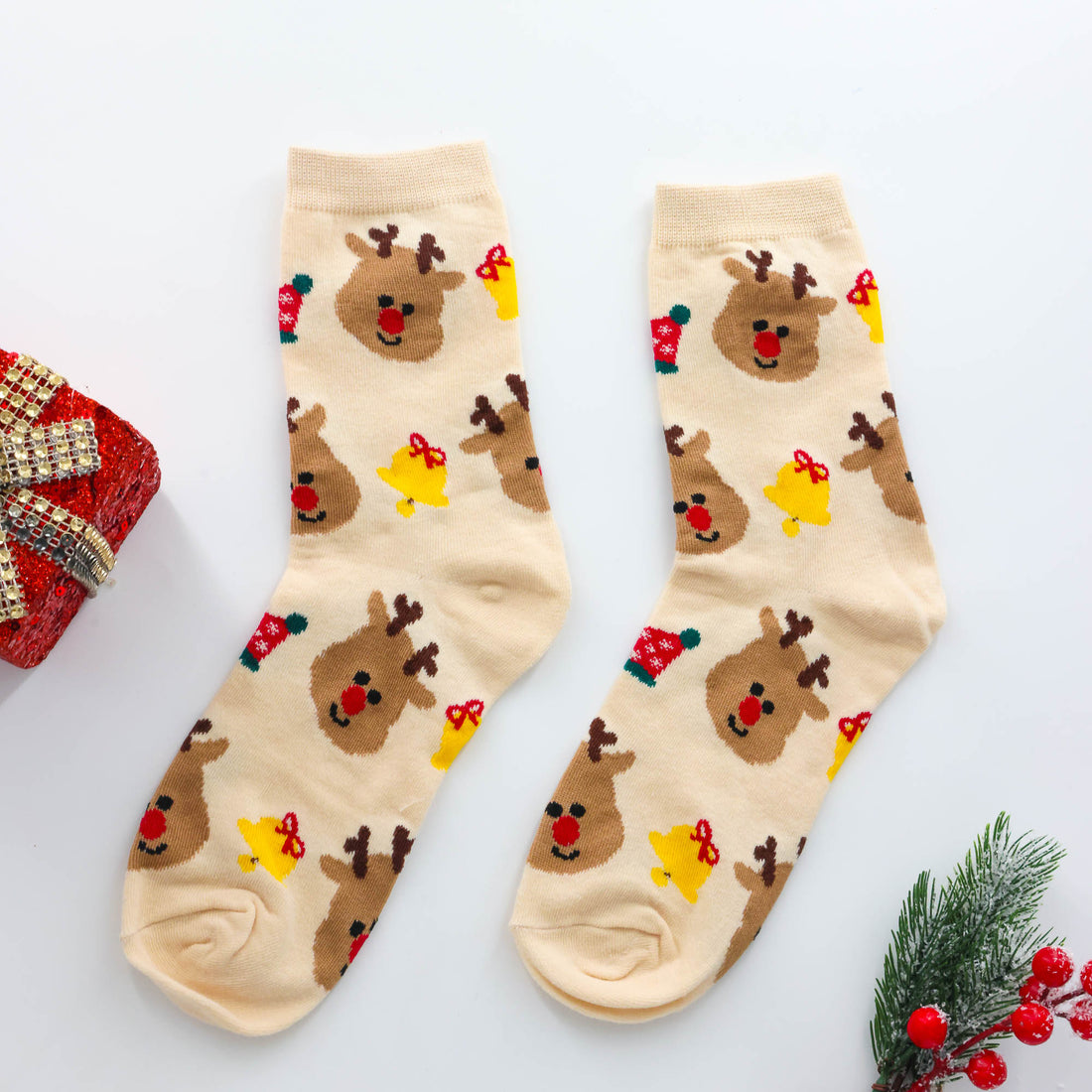Christmas Gift for Her – Cosy Reindeer Socks with reindeer and bell pattern