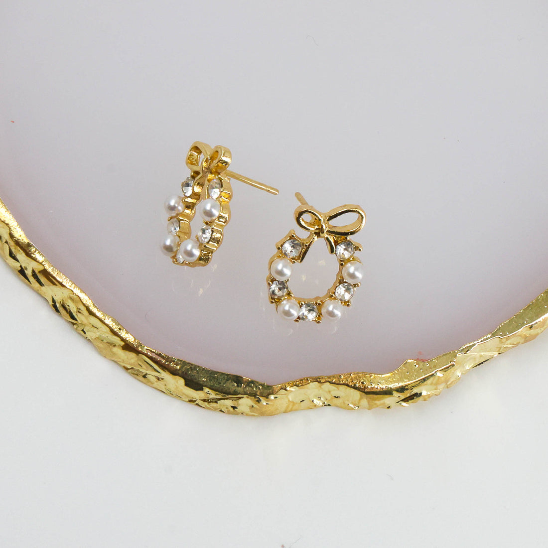 Gifts for Her – Pearl Wreath Earrings with pearls, crystals, and bow detail