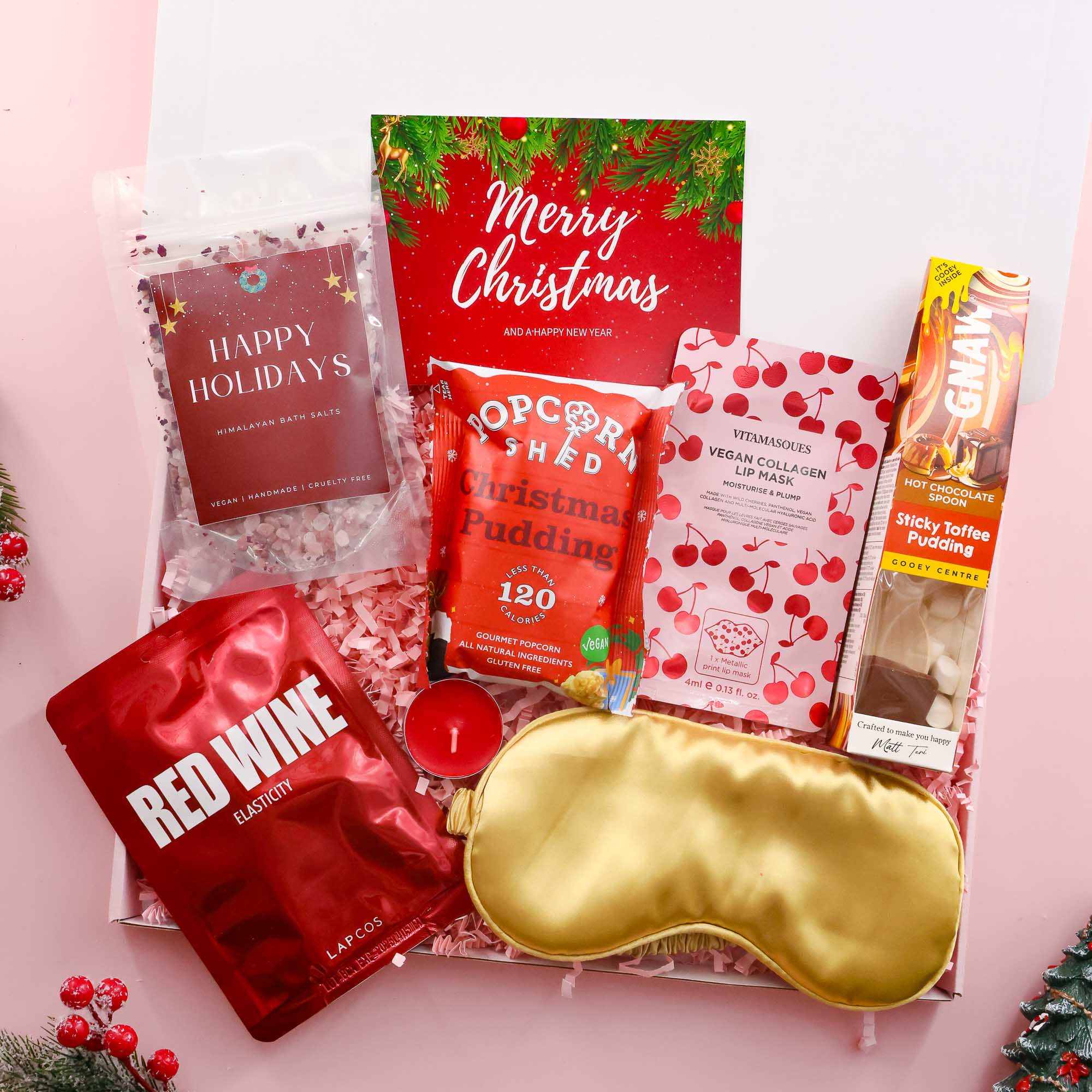 Pamper gift for her – Christmas hamper with eye mask, bath salts and festive snacks