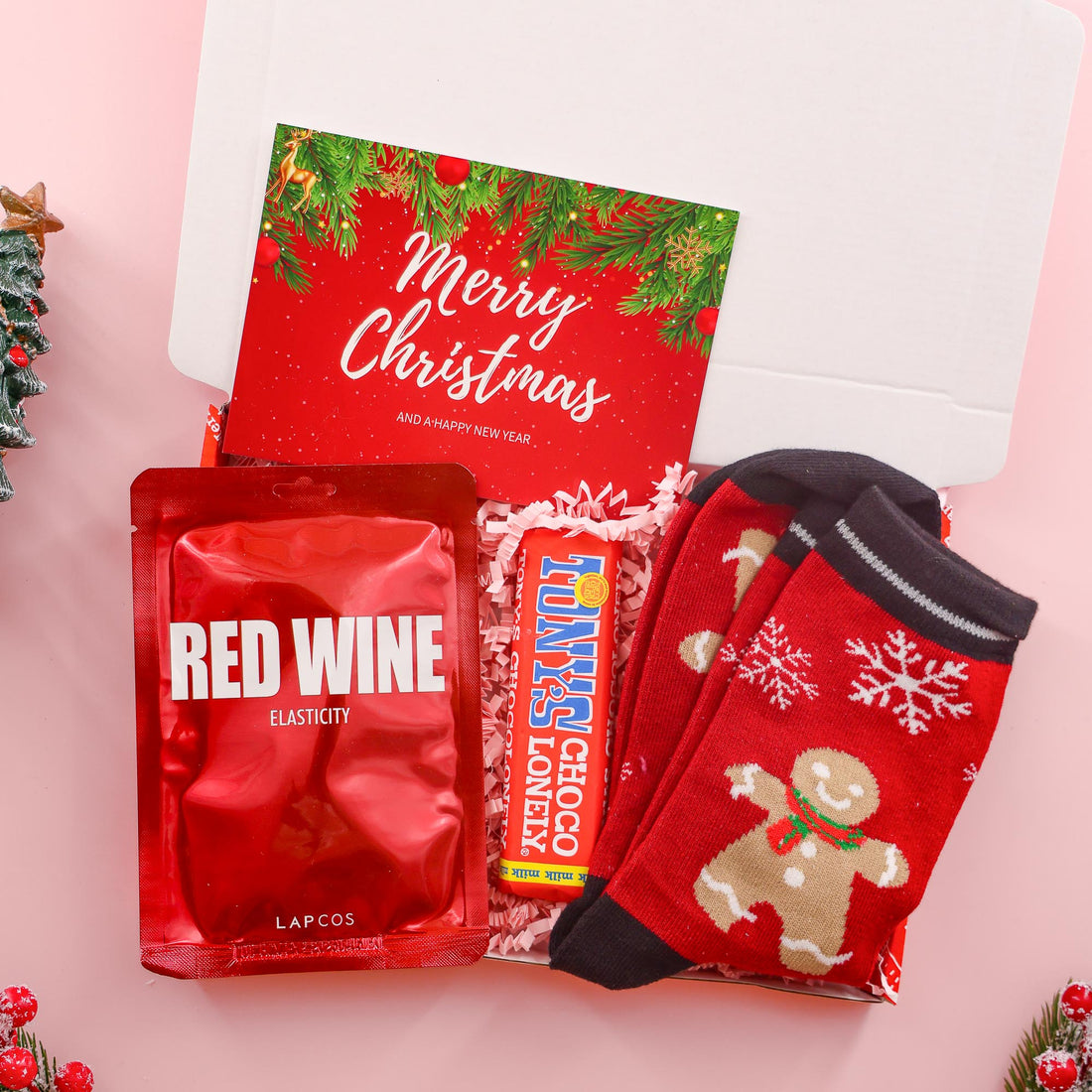 Mini Gingerbread Gift Box – Christmas gift for her with socks, chocolate and mask