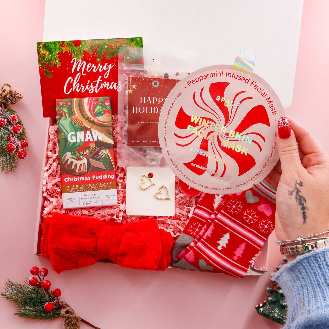 Holiday self care gift – Christmas love box with pamper items and festive treats