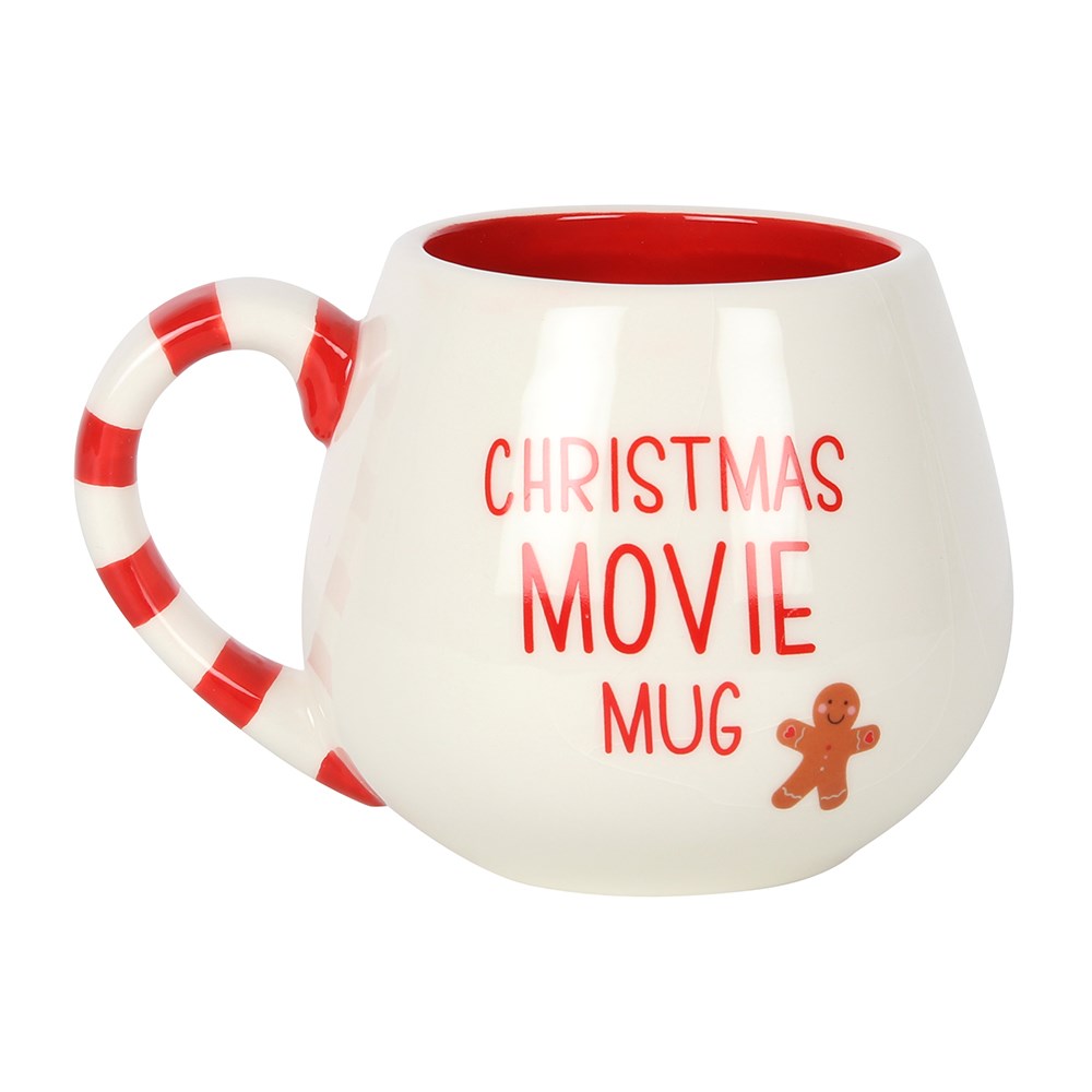Christmas Movie Rounded Mug featuring a smiling gingerbread man and &