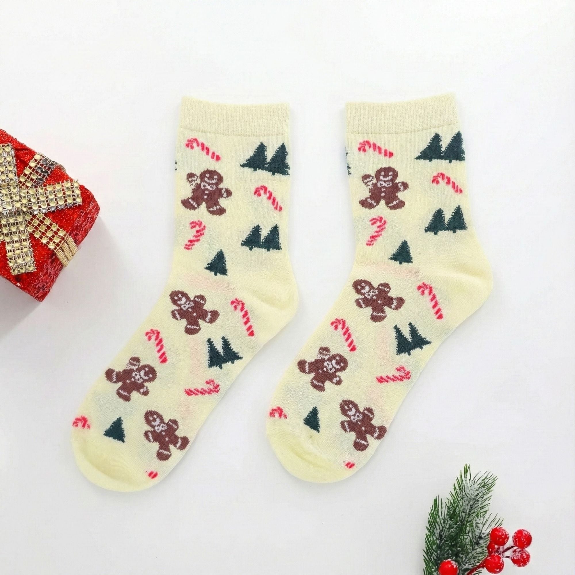 Christmas gifts - Holiday Gingerbread Socks adding a playful festive touch to her cosy winter days.