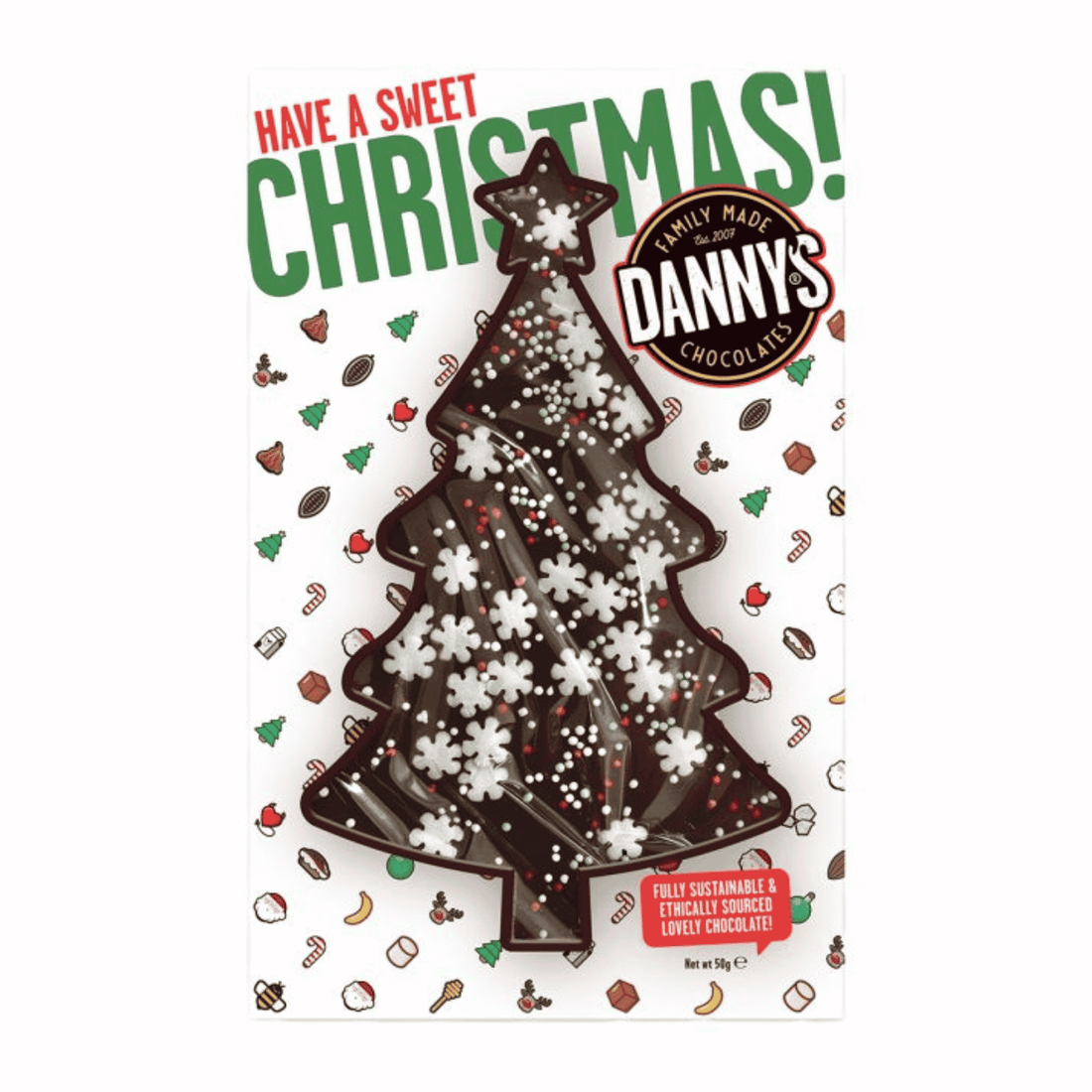 Christmas gifts for her featuring Danny’s Christmas tree-shaped chocolate with festive snowflake decorations.