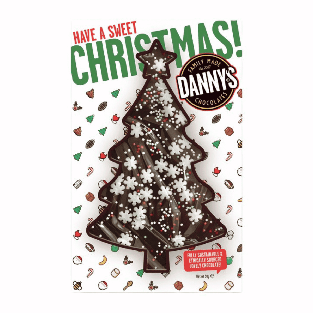 Christmas gifts for her featuring Danny’s Christmas tree-shaped chocolate with festive snowflake decorations.