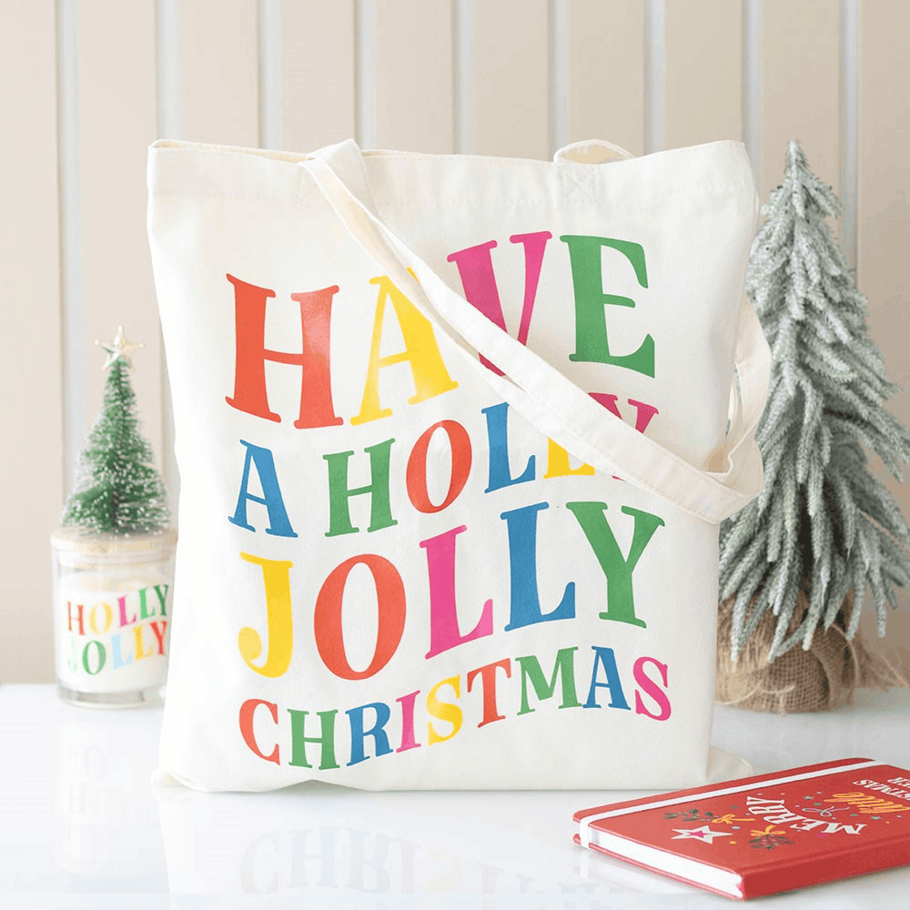Christmas gifts for her – Holly Jolly Christmas Tote Bag with colourful festive lettering