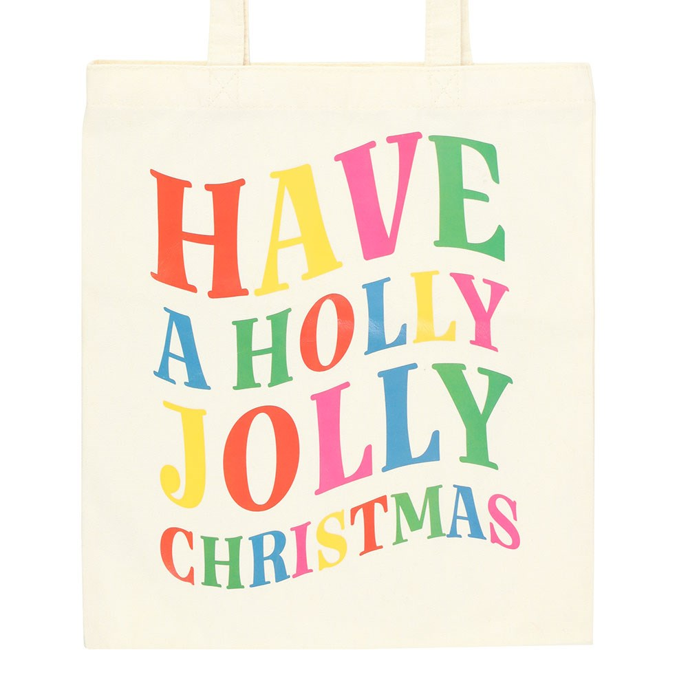  Festive Holly Jolly Christmas Tote Bag with colourful typography and shoulder straps