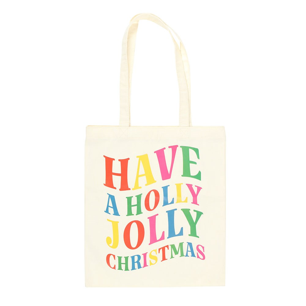 Festive Holly Jolly Christmas Tote Bag with colourful typography and shoulder straps