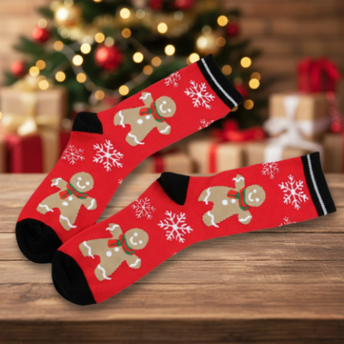 Self care gifts for her – red Christmas socks with gingerbread design