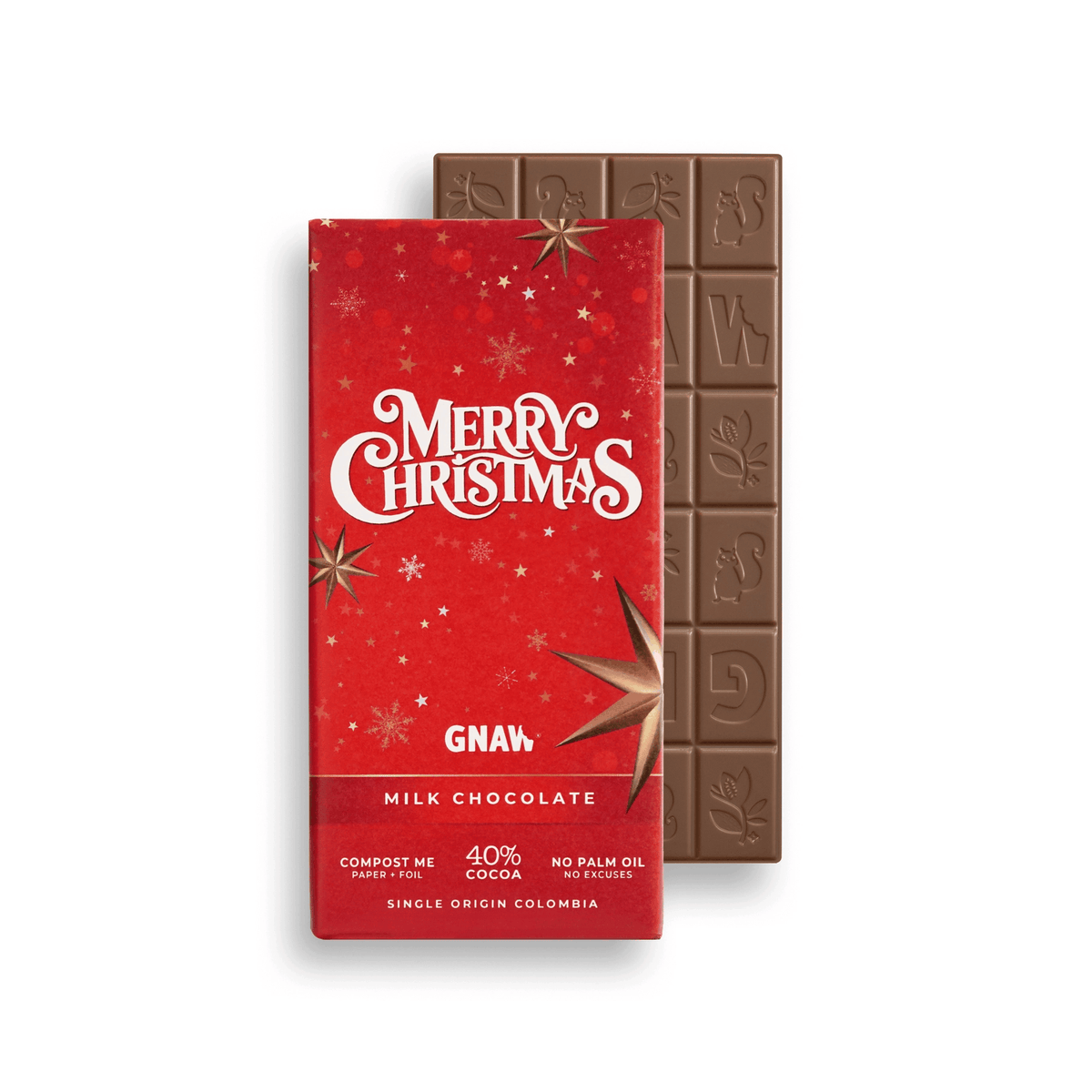 Merry Christmas Milk Chocolate Bar in festive red packaging with gold stars