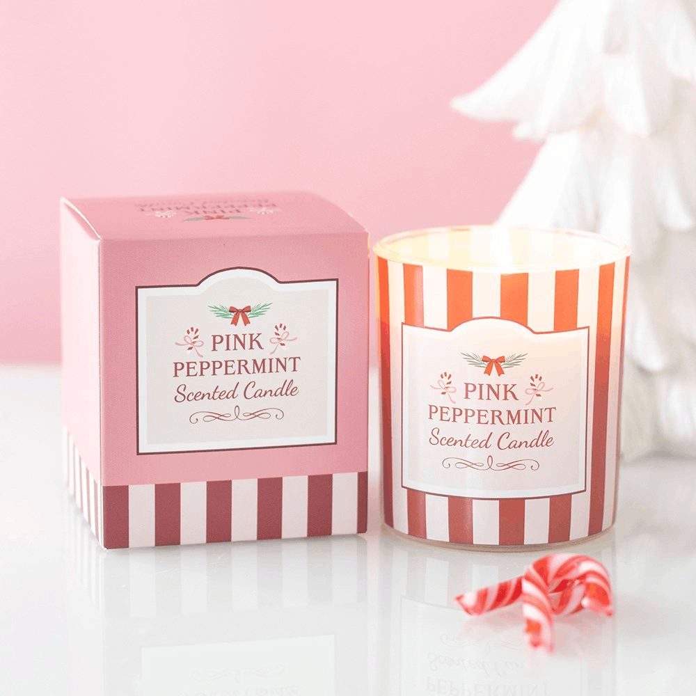 Pink Peppermint Scented Candle with matching pink and red Christmas gift box