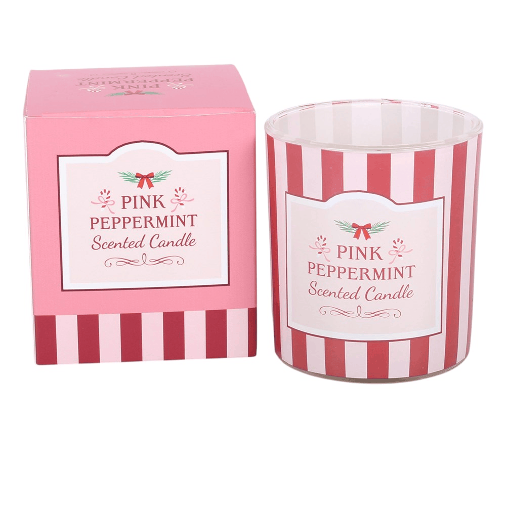 1. Festive peppermint scented glass candle with candy cane inspired striped packaging