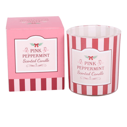 1. Festive peppermint scented glass candle with candy cane inspired striped packaging