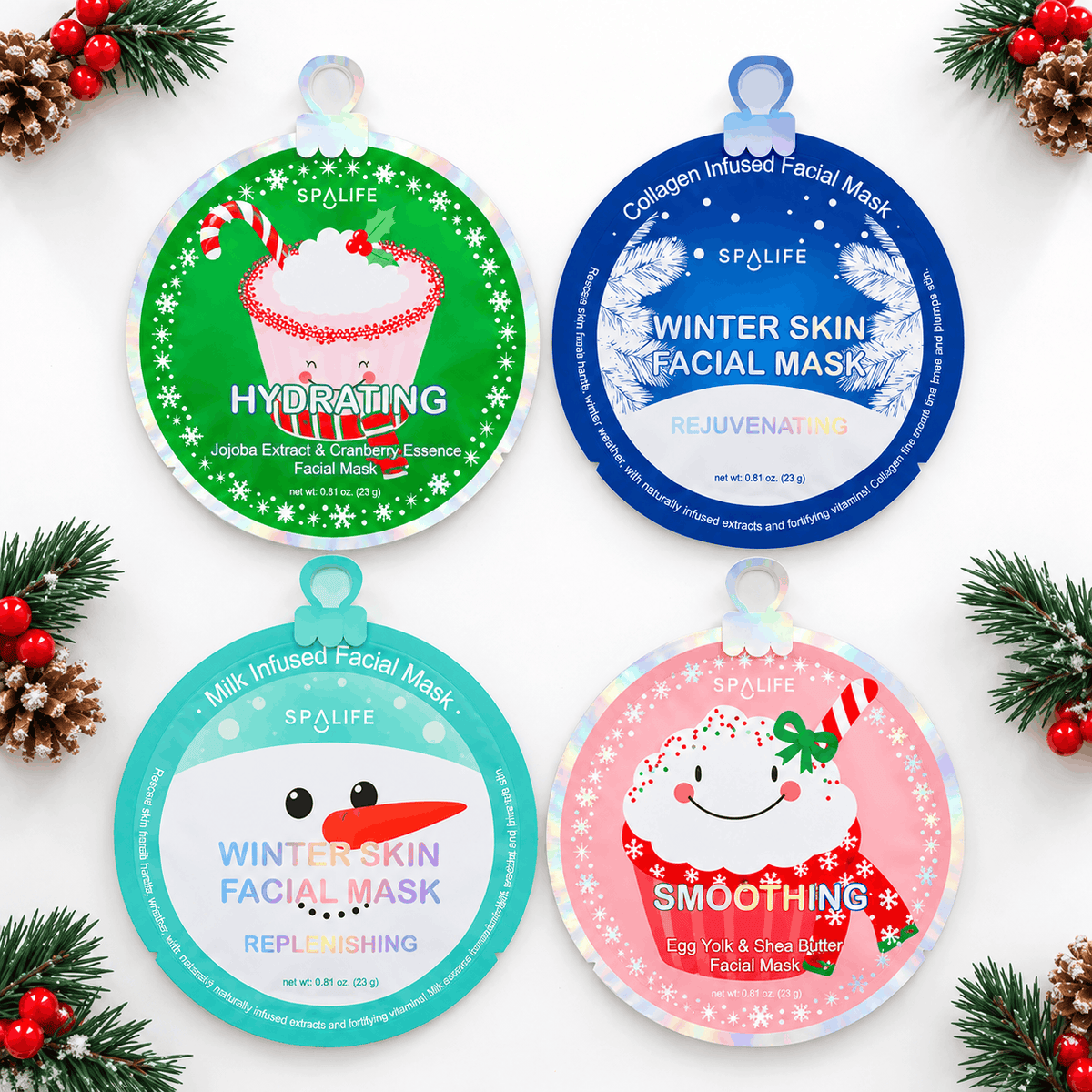 Christmas pamper gift for her featuring assorted SPALIFE facial masks with hydrating, smoothing, replenishing and rejuvenating formulas
