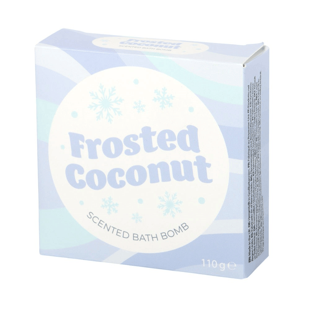 White snowflake-shaped bath bomb with sweet coconut scent and winter-themed packaging