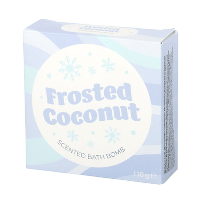 White snowflake-shaped bath bomb with sweet coconut scent and winter-themed packaging