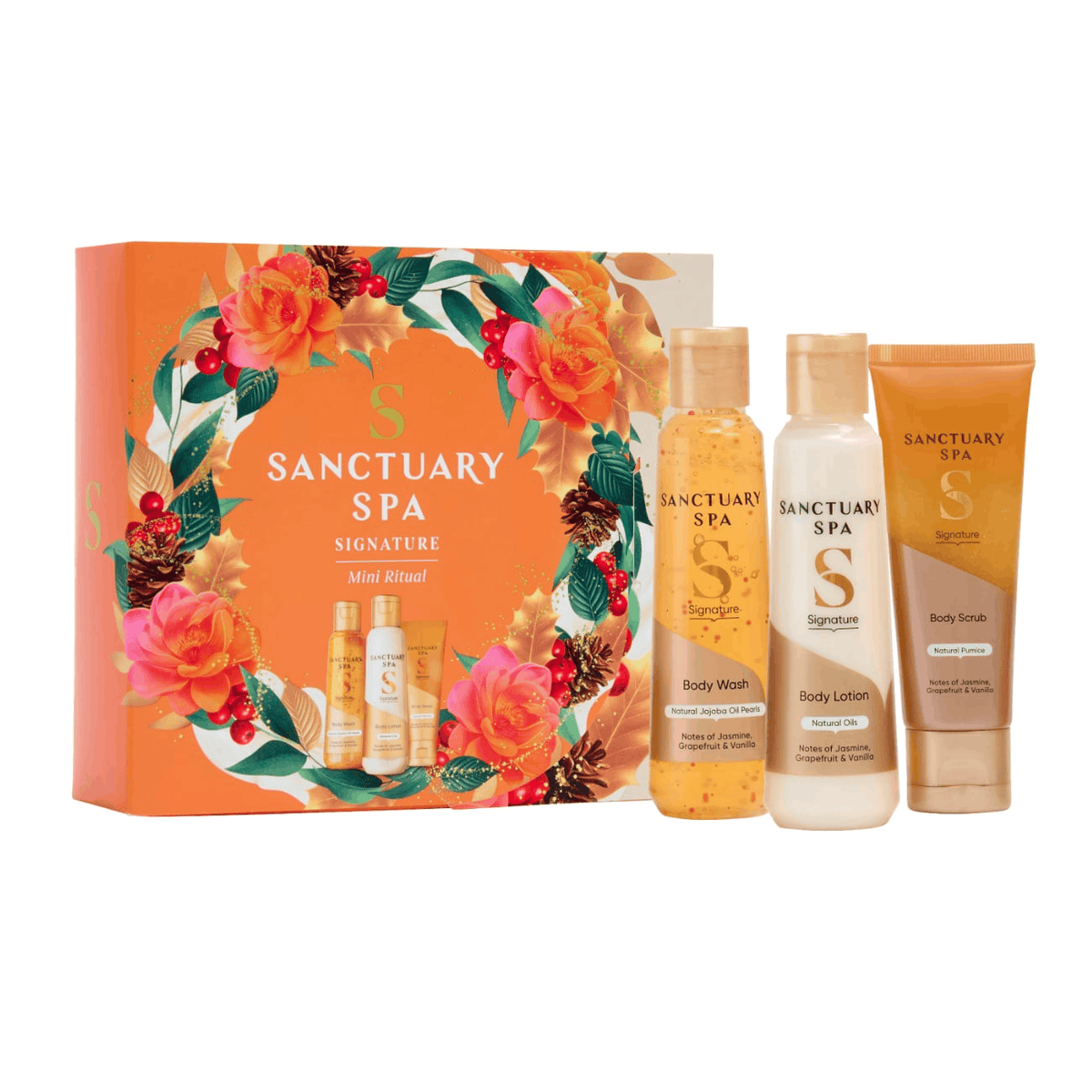 Sanctuary Spa Signature Mini Ritual Gift Set with body wash, body lotion and body scrub in festive packaging