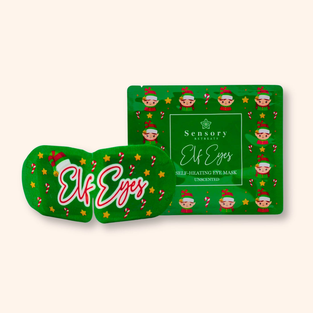 Sensory Eyes Elf Mask package featuring a cartoon elf, highlighting its whimsical design and function as a self-heating, unscented eye mask for relaxation.