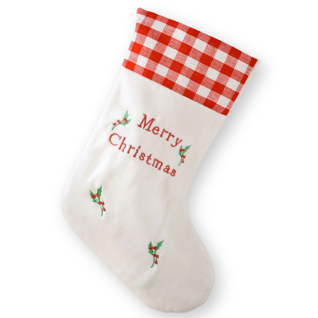 Merry Christmas Embroidered Stocking with a red chequered pattern, holly decoration, and hanging hoop, perfect for gifts.