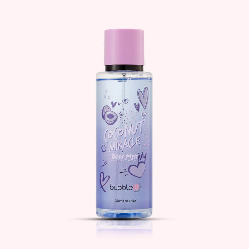 Coconut Miracle Body Mist bottle with text, showcasing a tropical vibe. Ideal for daily use, it features coconut and vanilla for a refreshing, uplifting scent.