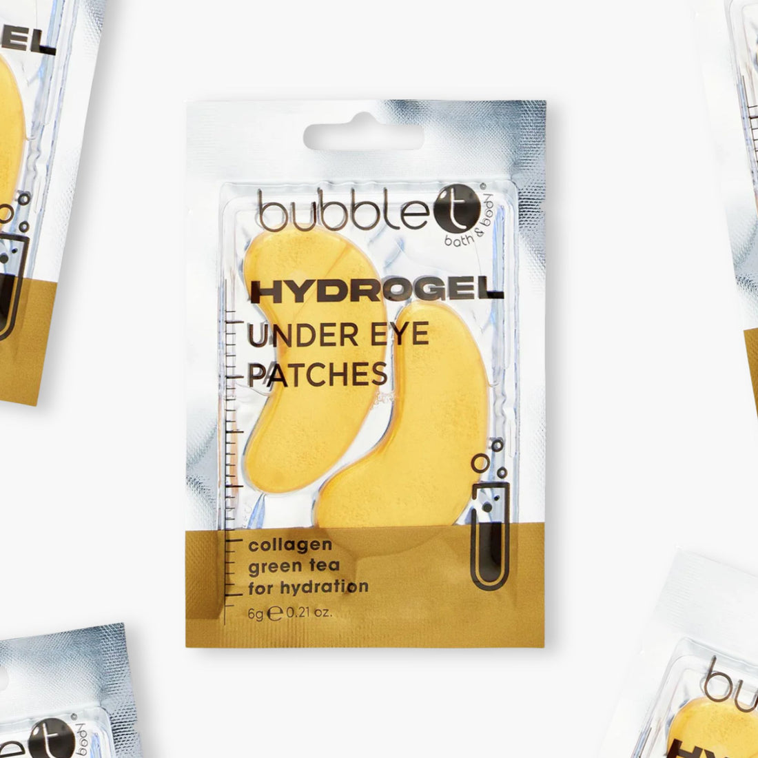 Collagen Hydrogel Eye Patches showcased with floral and ribbon accents, highlighting their hydrating, firming qualities for smoothing fine lines and refreshing tired eyes.