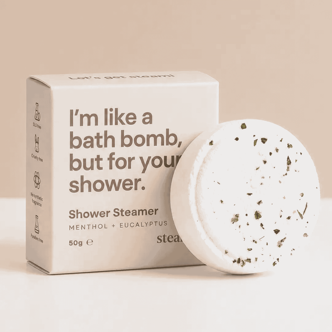 Corporate gifts featuring a Menthol &amp; Eucalyptus Shower Steamer for employee wellbeing and client care packages.
