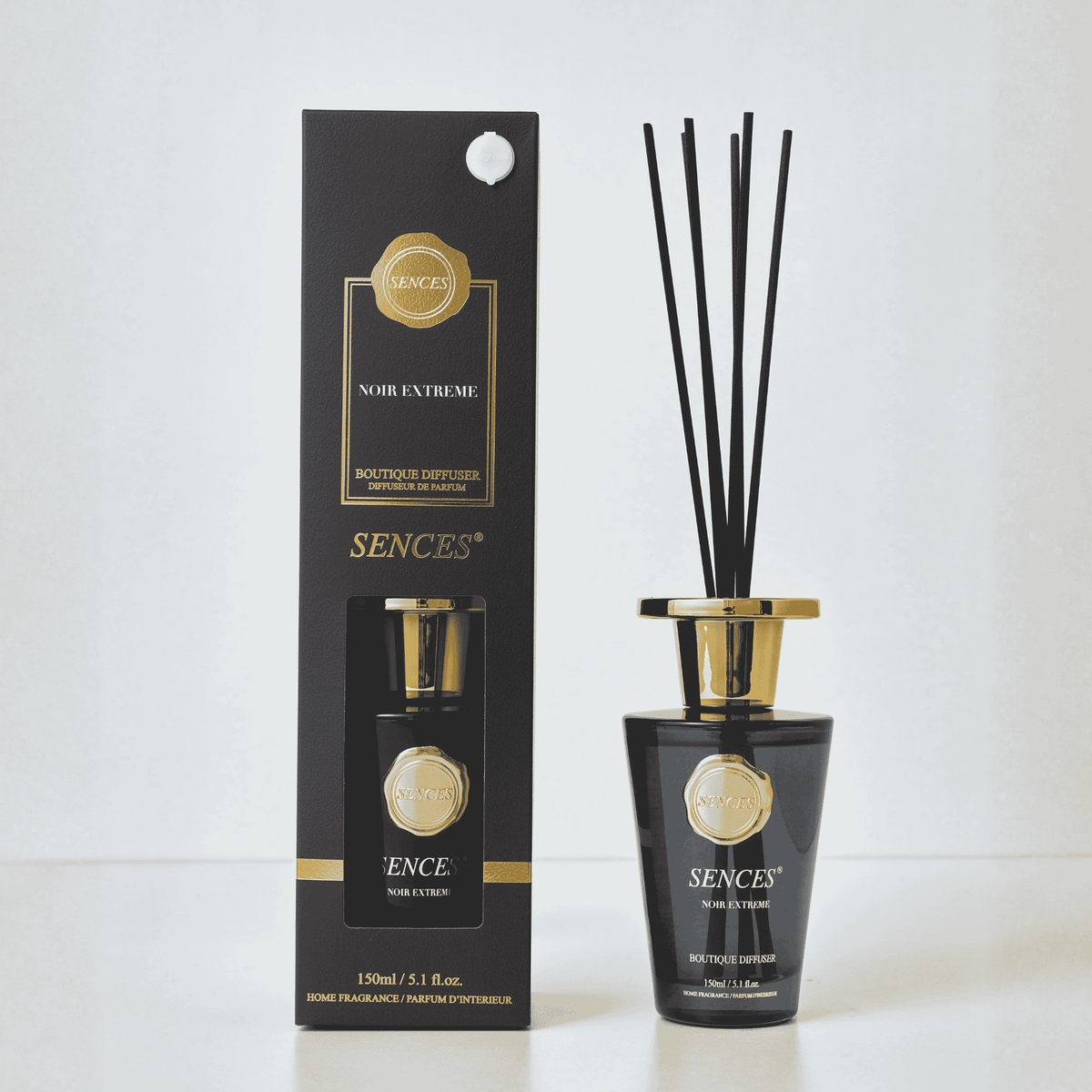 Corporate gifts featuring the Sences Noir Extreme Reed Diffuser in an elegant black and gold design.