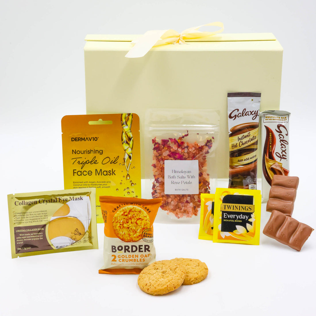 Corporate gifts for employees – relaxation hamper with tea, chocolate, and wellness items