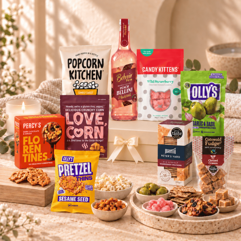 Corporate gifts Well Deserved Treat Box with premium snacks and alcohol-free drink