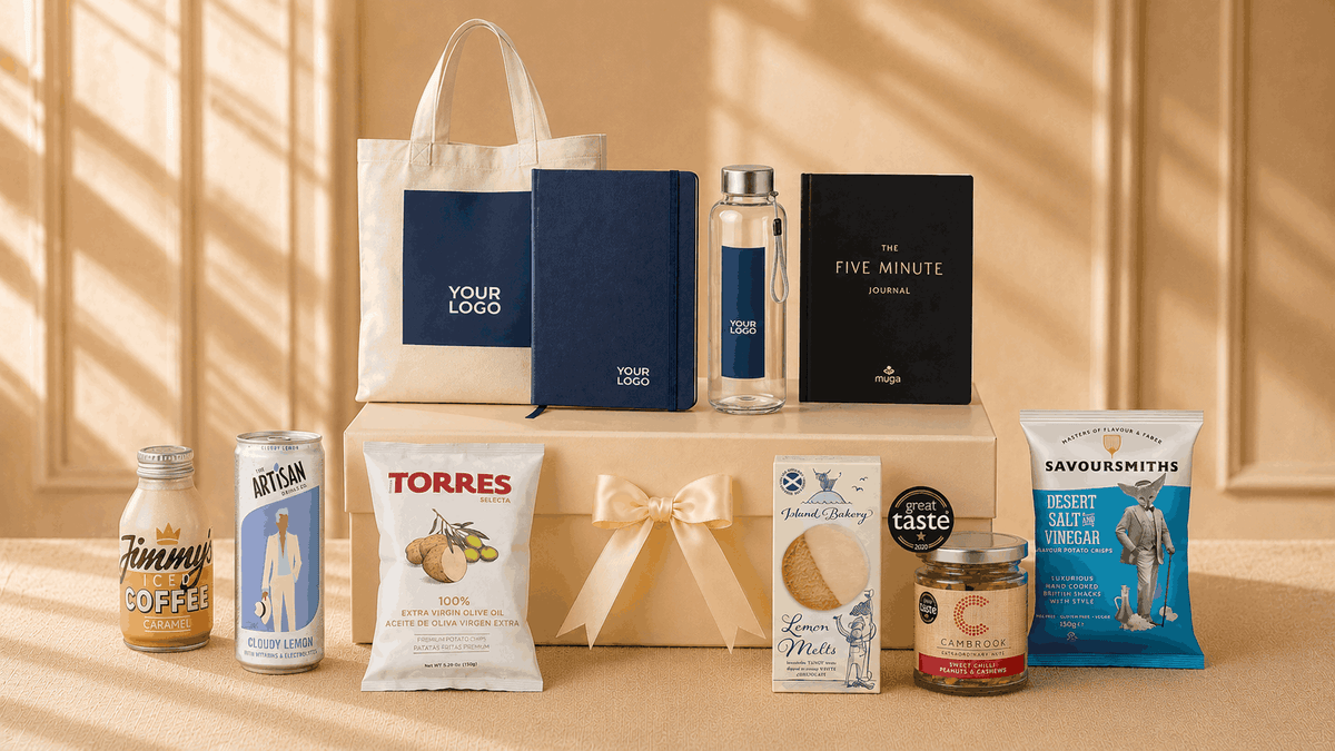 A curated gift box arrangement on a warm beige surface against a paneled beige background. The set includes a cream tote bag, navy and black branded boxes, a clear bottle with a blue cap, several packaged snacks and drinks, and a cream ribbon bow on top.