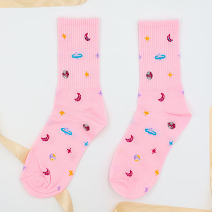 Cosy  gifts for her – Pink Cosmic Dreams Socks with moons and stars
