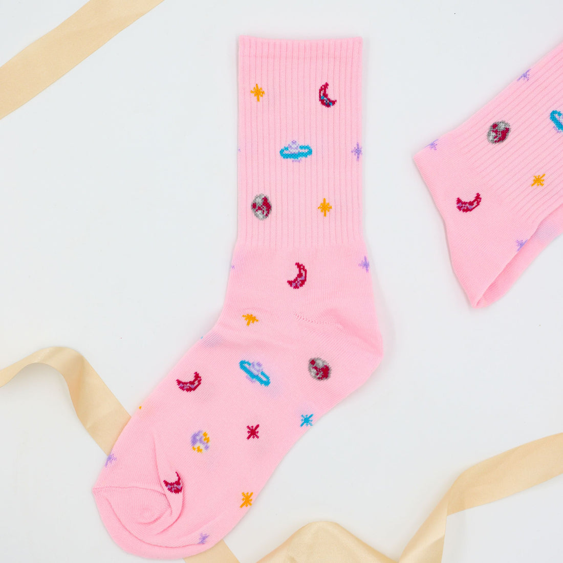 Cosy  gifts for her – cosy pink socks with celestial design
