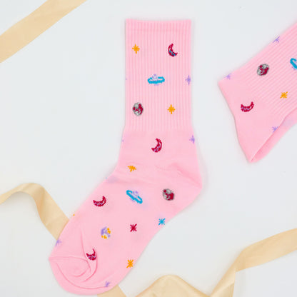 Cosy  gifts for her – cosy pink socks with celestial design
