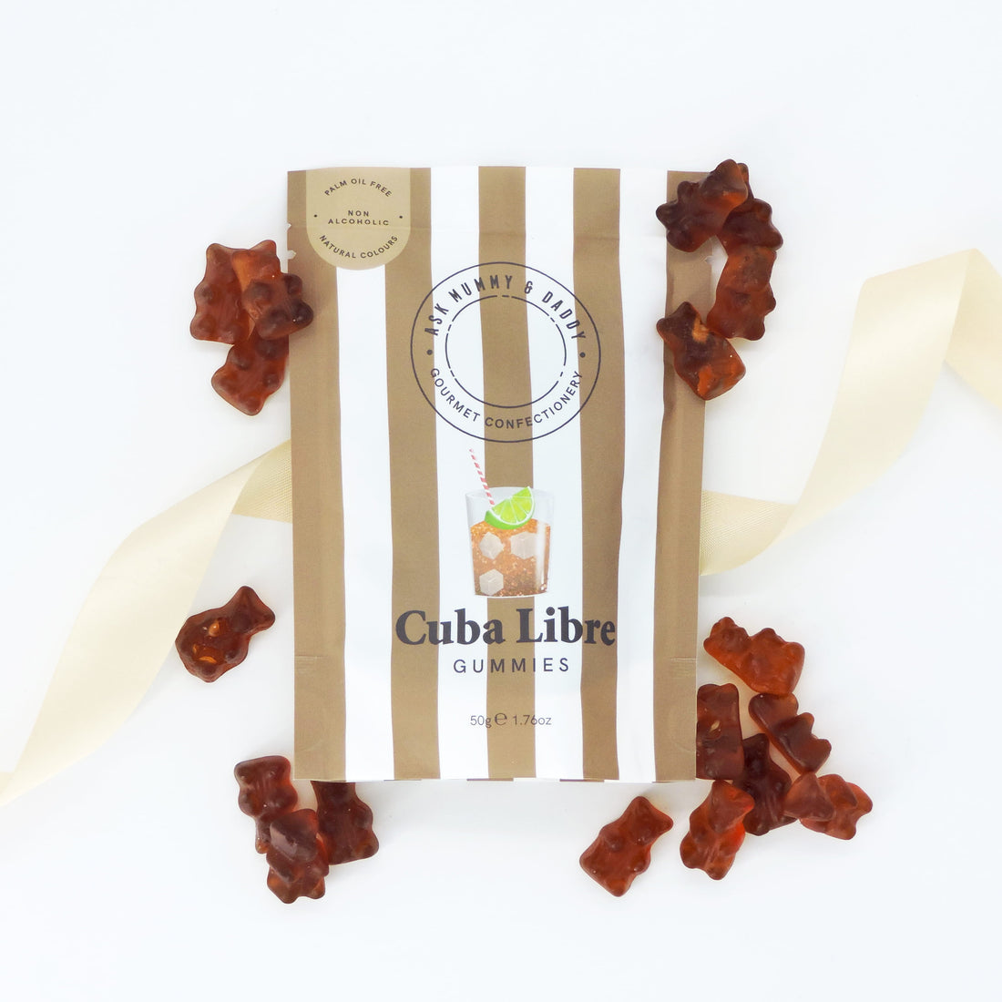 Cuba Libre Gummies close-up, showcasing gummy bears embodying cola, lime, and rum flavors, presented as non-alcoholic, gourmet treats with natural colors and palm oil-free ingredients.