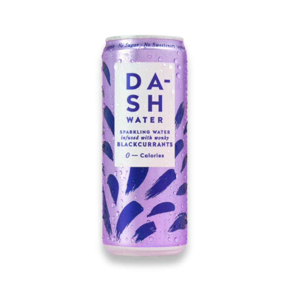 Dash Blackcurrant Sparkling Water tin can, featuring a close-up of the label, highlights its sugar-free, calorie-free, and natural ingredients for a stylish hydration choice.
