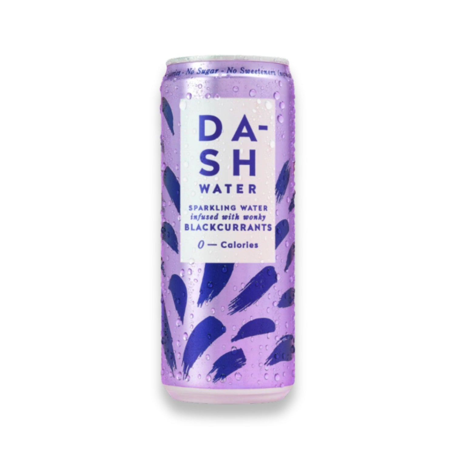 Dash Blackcurrant Sparkling Water tin can, featuring a close-up of the label, highlights its sugar-free, calorie-free, and natural ingredients for a stylish hydration choice.