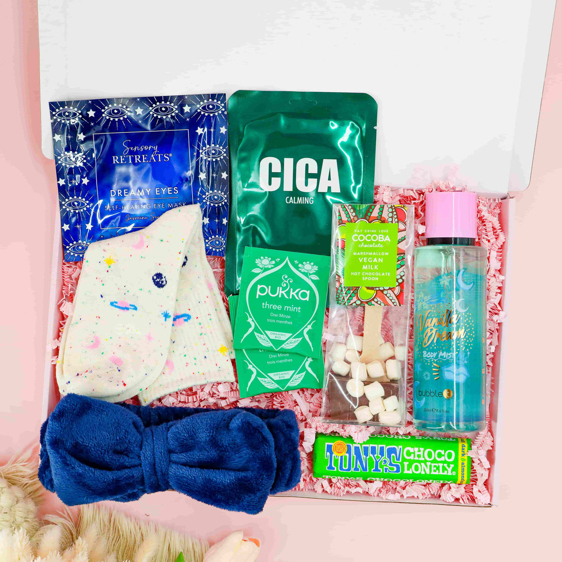 Dreamy Nights Vegan Self Care gift box with calming sheet mask, vegan chocolate, Pukka tea, cosy socks, and pillow spray.
