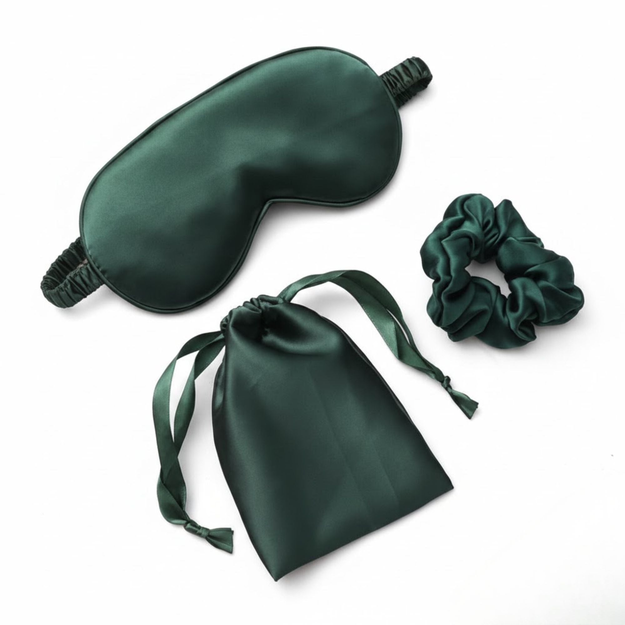 Self care gifts for her – Emerald green Sleep Set with satin green eye mask and hair scrunchie perfect gift for her
