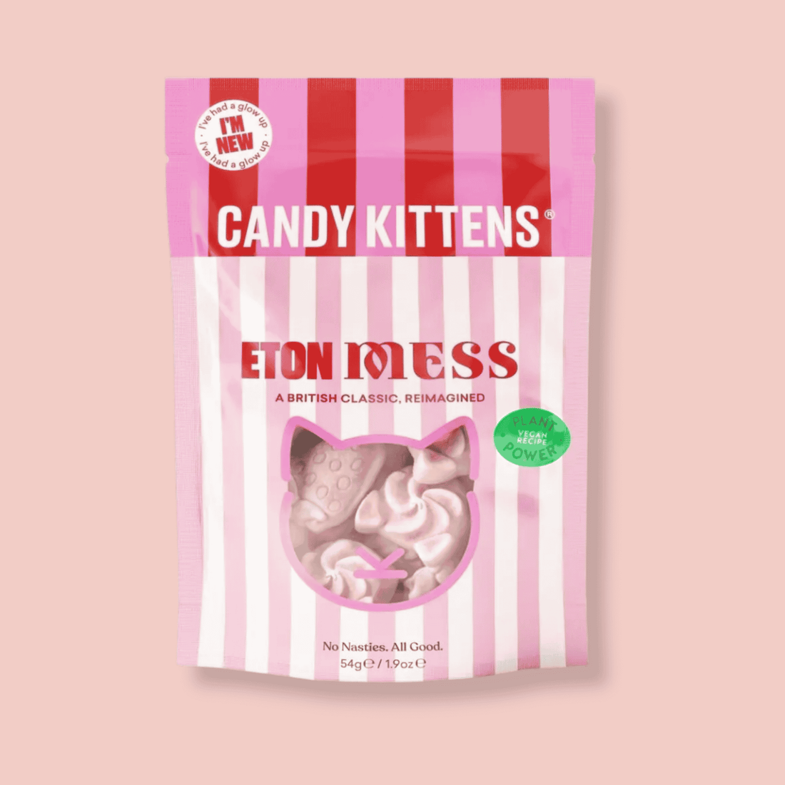 Eton Mess Gourmet Sweets close-up: strawberry and green label detail, highlighting the vegan, fruit juice ingredients and vibrant flavor profile.