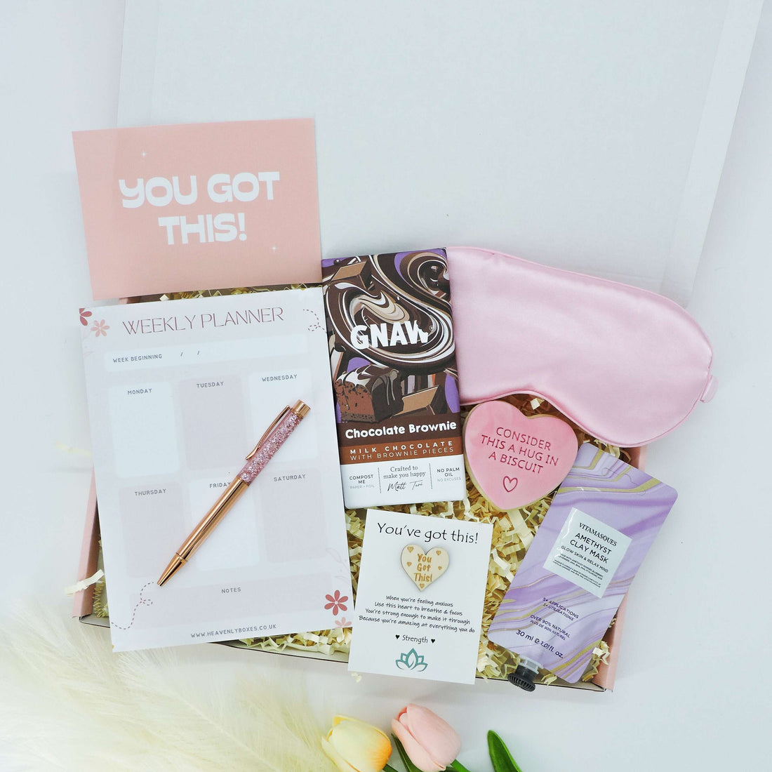 Exam Week Essentials – exam good luck gifts with a weekly planner, sweet treats, and calming self-care
