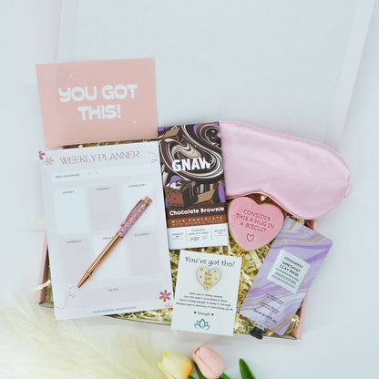 Exam Week Essentials – exam good luck gifts with a weekly planner, sweet treats, and calming self-care