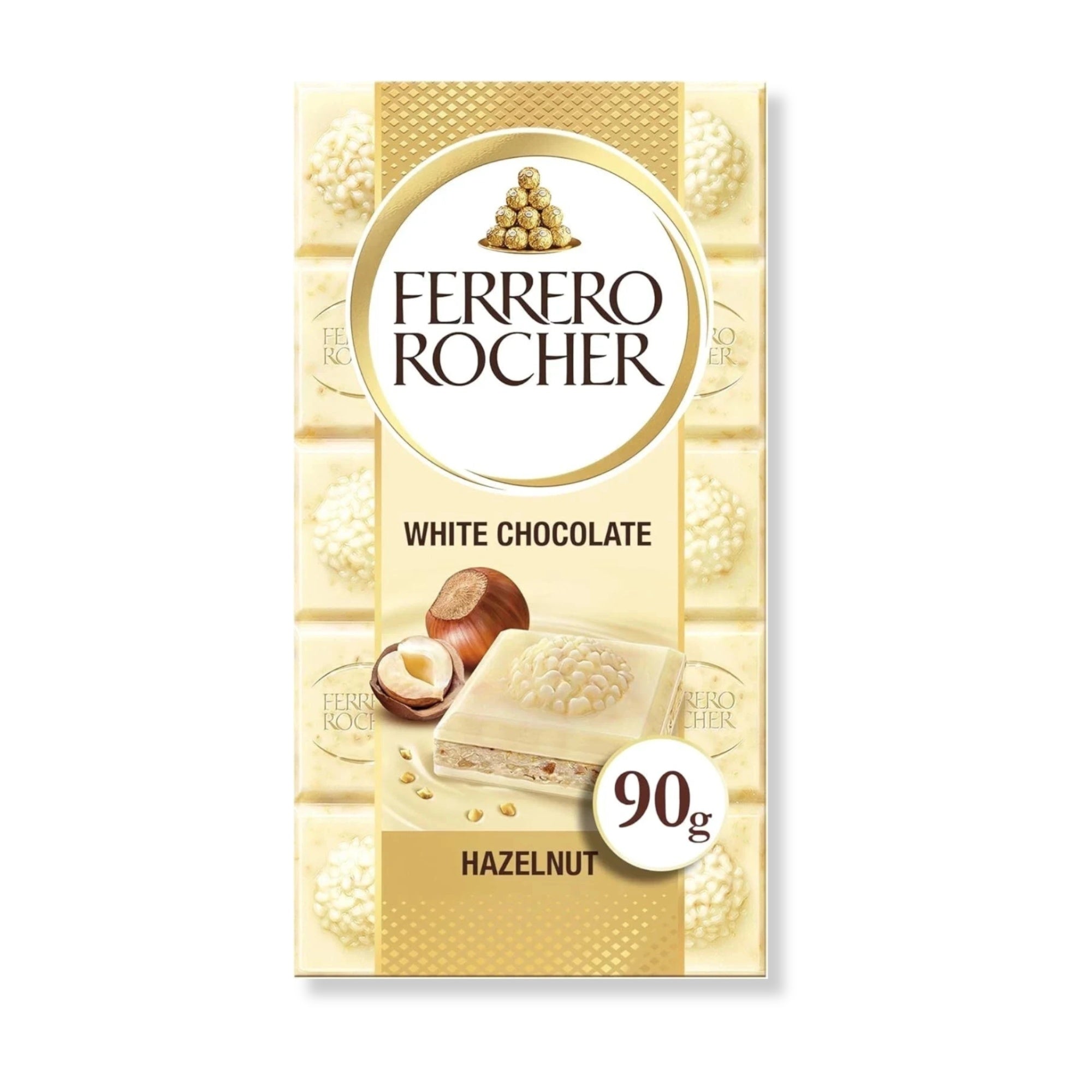 Ferrero Rocher White Chocolate Hazelnut Bar close-up, featuring elegant packaging with floral and ribbon motifs, ideal for gifting or personal indulgence.