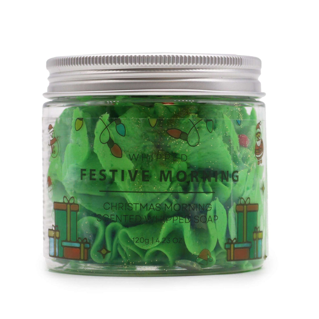 Festive Morning Scented Whipped Soap in a mason jar, featuring a velvety, glittery texture with sugar Christmas trees, perfect for holiday pampering.
