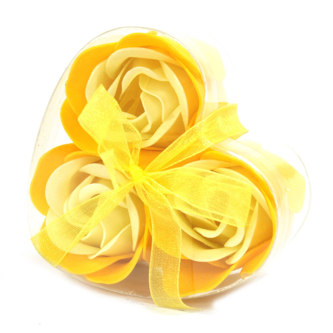 Flower Soap - Yellow: Close-up of a heart-shaped box containing handcrafted yellow and white rose soap flowers, symbolizing joy and offering a luxurious bathing experience.