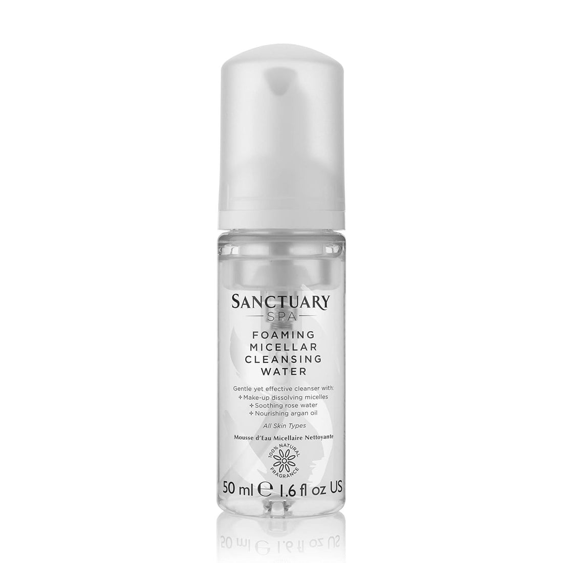 Sanctuary Spa Foaming Micellar Cleansing Water in a clear bottle with a white cap, featuring makeup-dissolving micelles, rose water, and argan oil for soothing skin care.