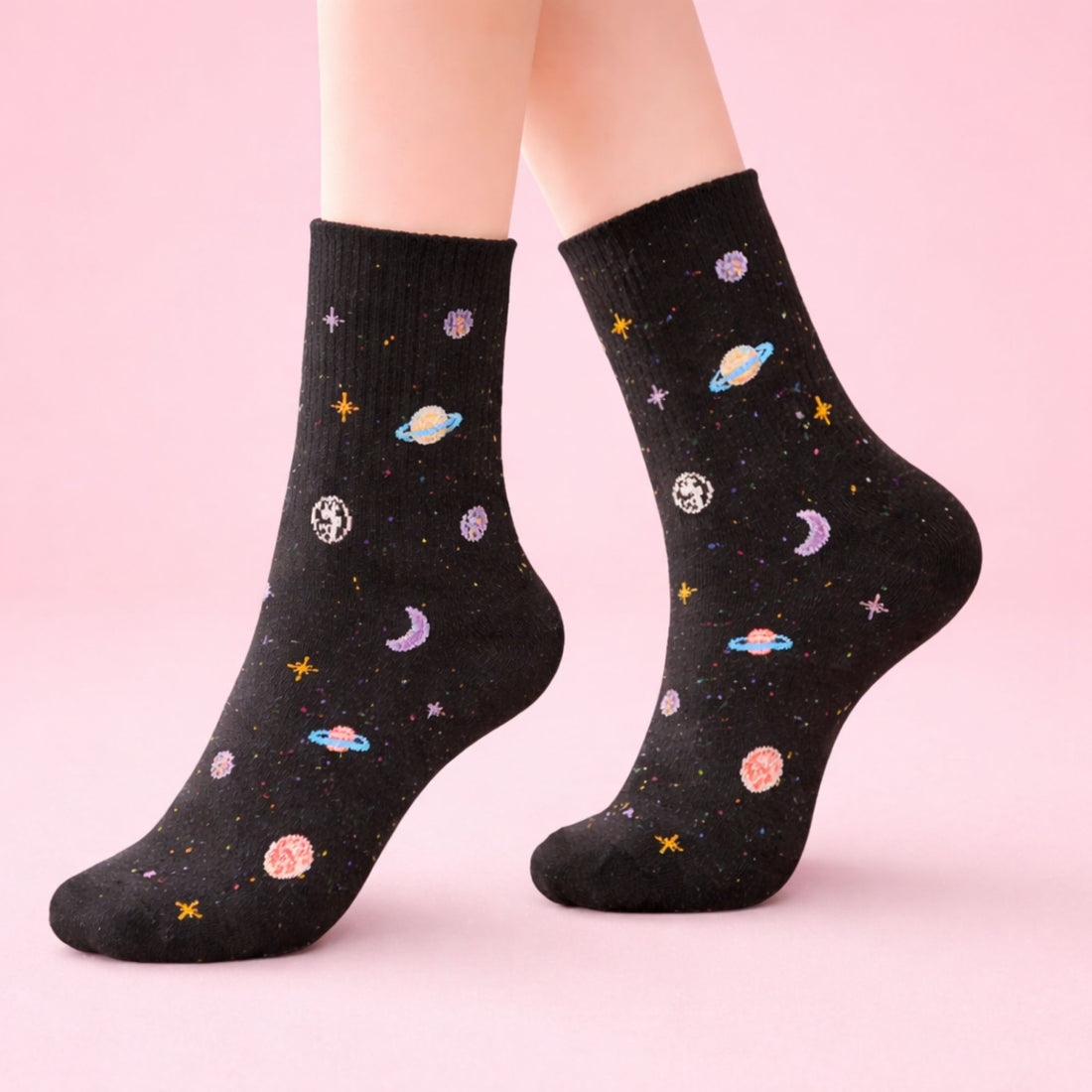Galaxy Print Socks featuring a playful celestial design, blending cosmic motifs with cozy material, perfect for adding a space-inspired touch to outfits.