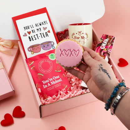 Bestie Galentines Box by Heavenly Boxes with heart mug, sweet treats and hot chocolate.